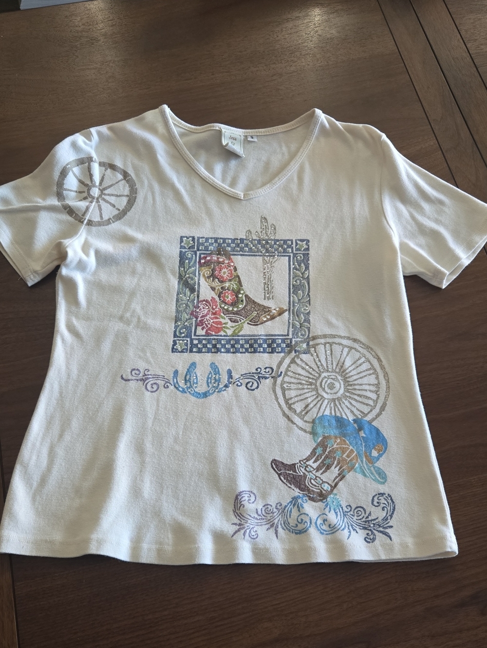 Women's Jess & Jane Cream Short-Sleeve Graphic Tee with Western Boot Motif